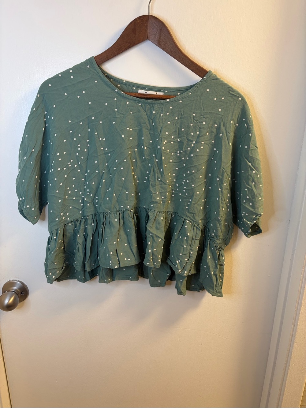 O’Neill Sage Green Polka Dot Peplum Blouse Women’s XS Puff Sleeve Boho
